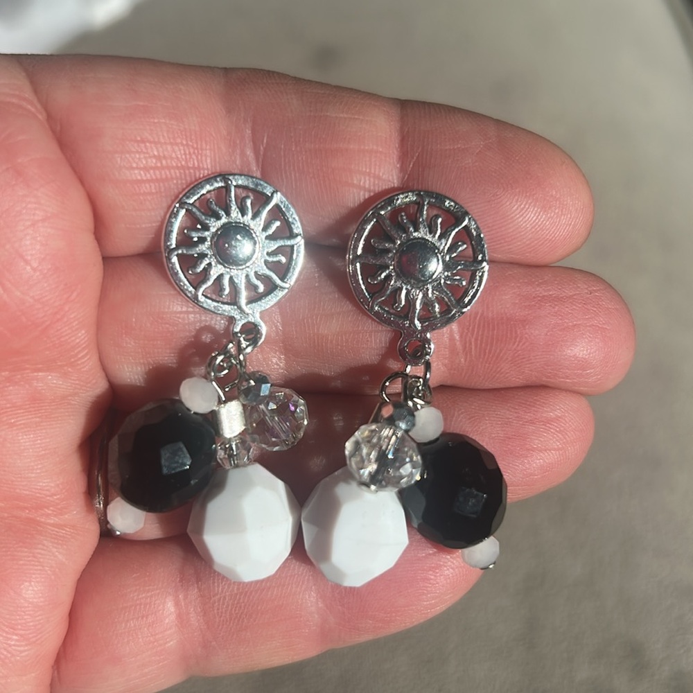 Artisan Black, Silver and White crystal Bead Dangle Earrings-Boutique-NWT